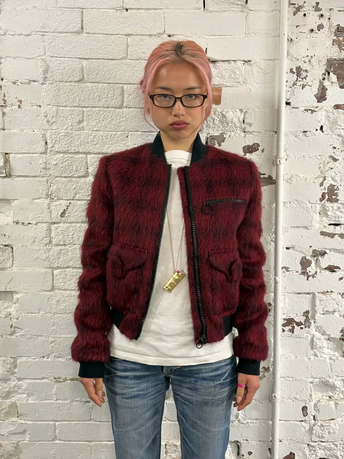 2010s Versace Red & Black Squared Plushed Bomber Jacket GHMesSj 1