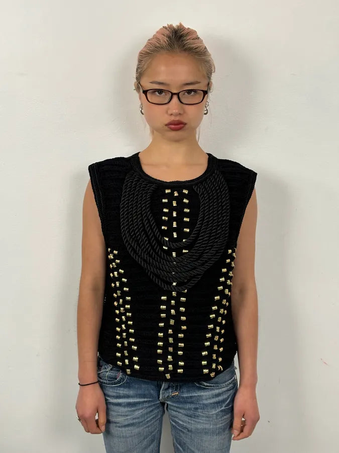 2015 Balmain H&M Black Gold-Stud Tank Top GsBOFPT 2