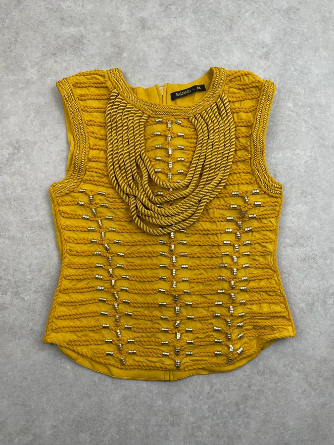 2015 Balmain H&M Mustard Yellow Rope-Embellished Top ZkFaHzz 0