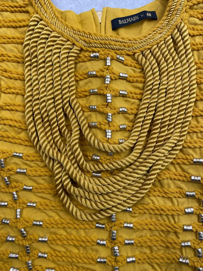 2015 Balmain H&M Mustard Yellow Rope-Embellished Top ZkFaHzz 4