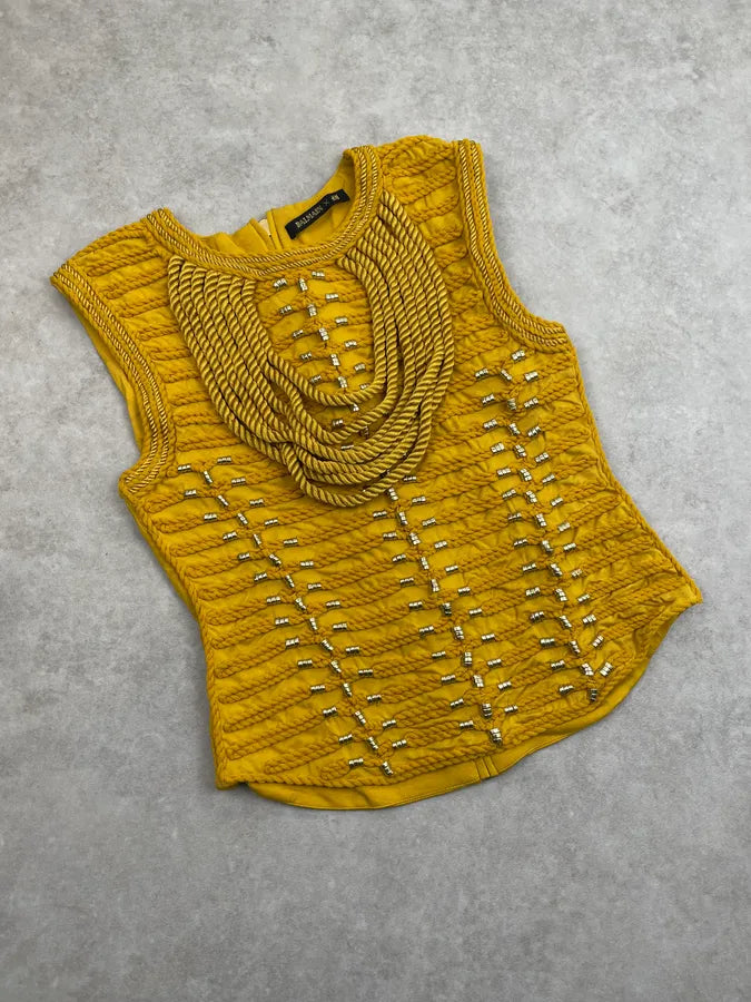 2015 Balmain H&M Mustard Yellow Rope-Embellished Top ZkFaHzz 2