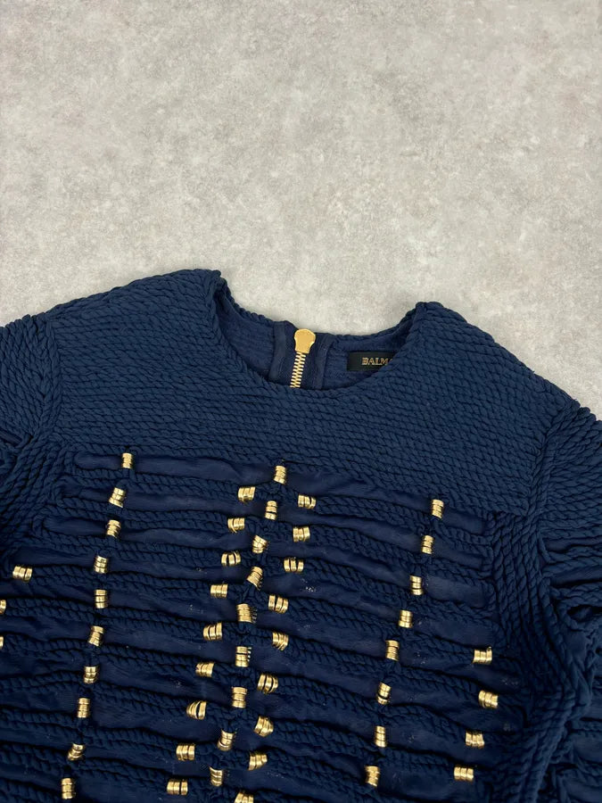 SS2015 Balmain x H&M Navy Gold-Beaded Blouse fSlWxAD 4