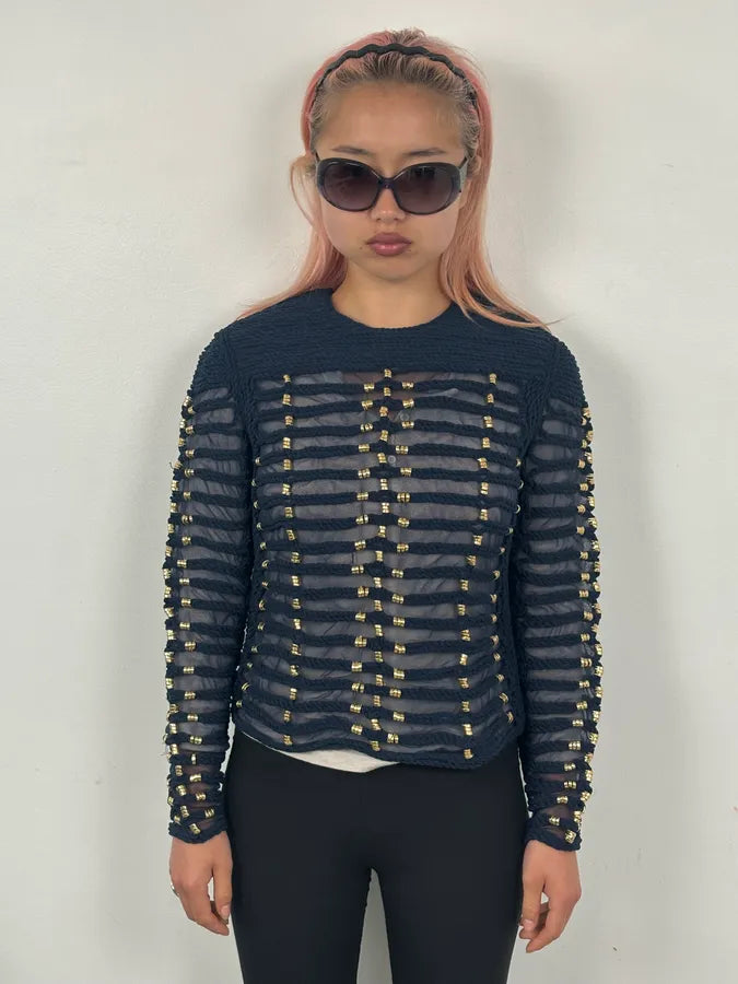 SS2015 Balmain x H&M Navy Gold-Beaded Blouse fSlWxAD 2