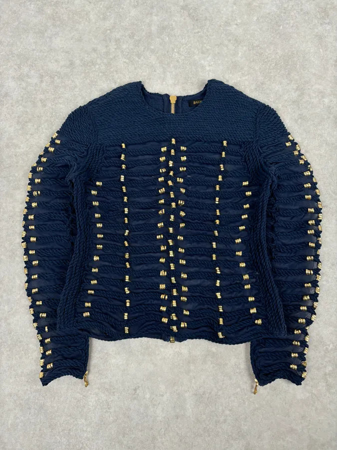 SS2015 Balmain x H&M Navy Gold-Beaded Blouse fSlWxAD 0