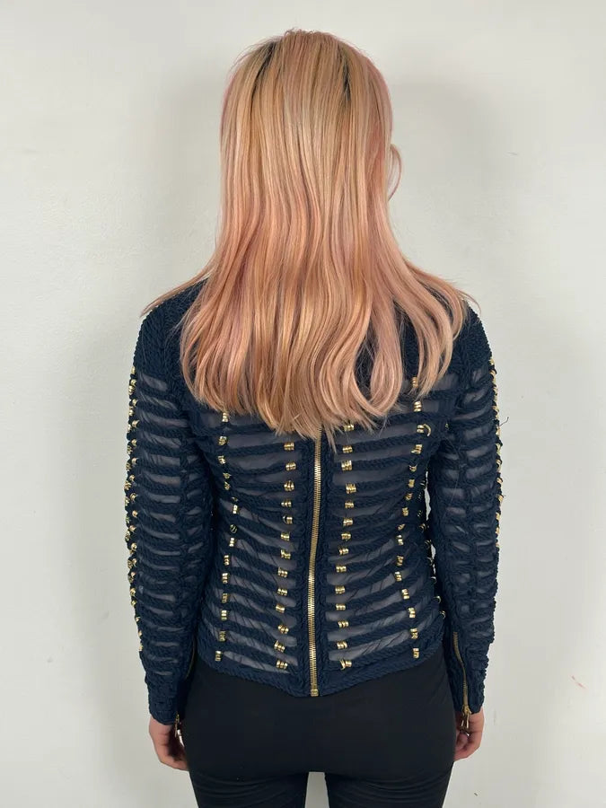 SS2015 Balmain x H&M Navy Gold-Beaded Blouse fSlWxAD 3