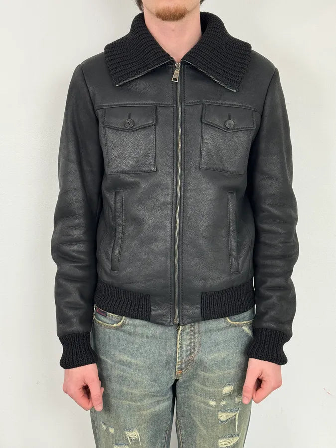 AW2011 Prada Black Leather Shearling-Lined Jacket YHlRXwp 1