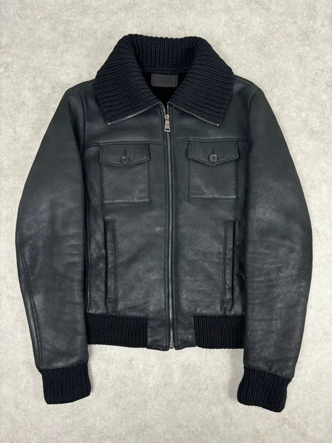 AW2011 Prada Black Leather Shearling-Lined Jacket YHlRXwp 0