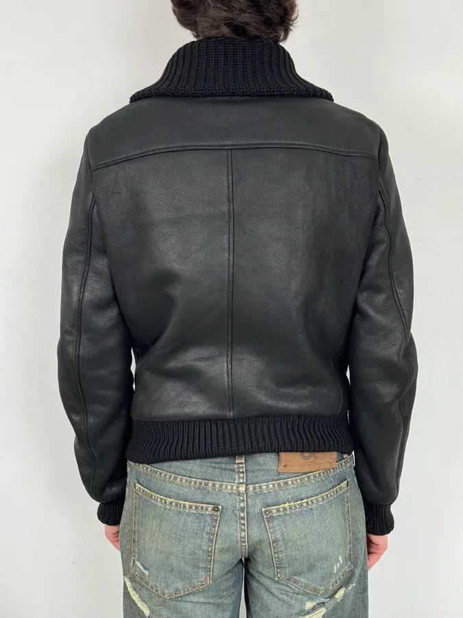 AW2011 Prada Black Leather Shearling-Lined Jacket YHlRXwp 2