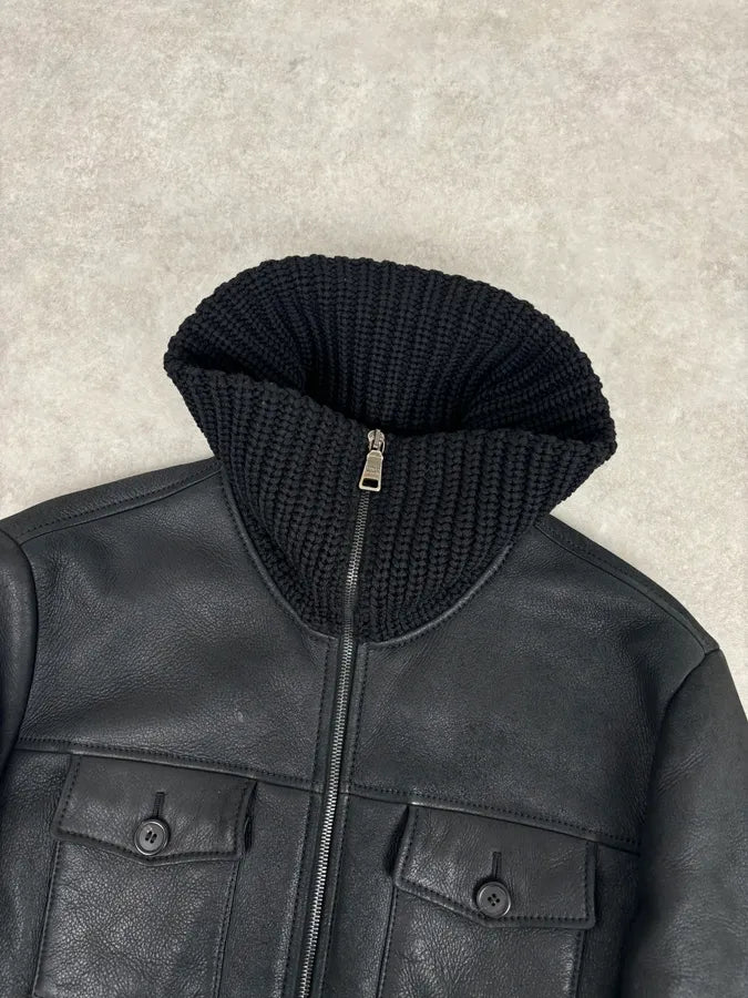 AW2011 Prada Black Leather Shearling-Lined Jacket YHlRXwp 4