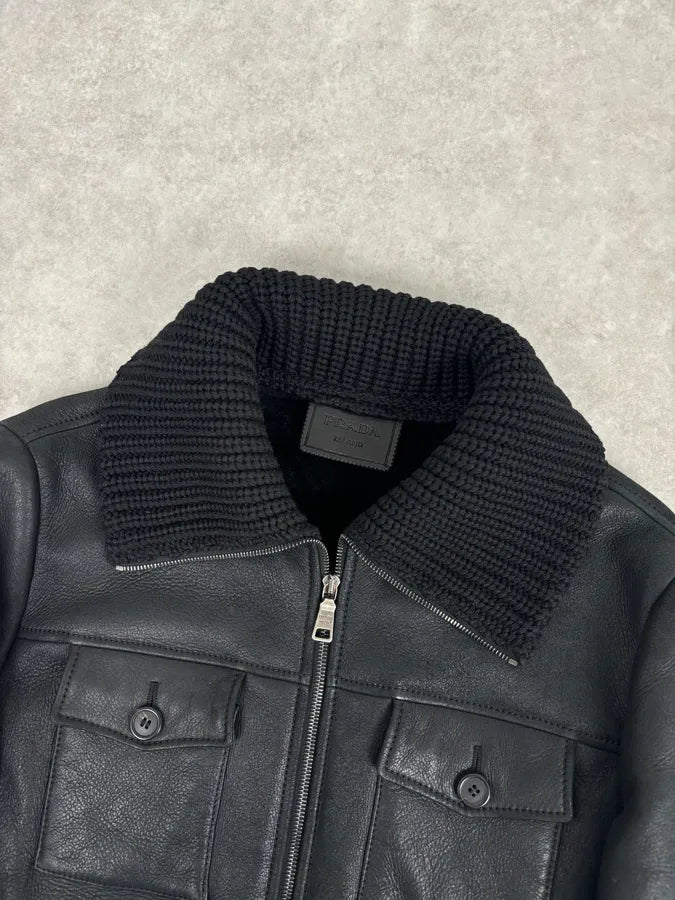 AW2011 Prada Black Leather Shearling-Lined Jacket YHlRXwp 5