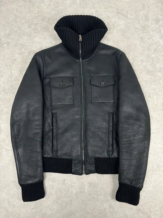 AW2011 Prada Black Leather Shearling-Lined Jacket YHlRXwp 3