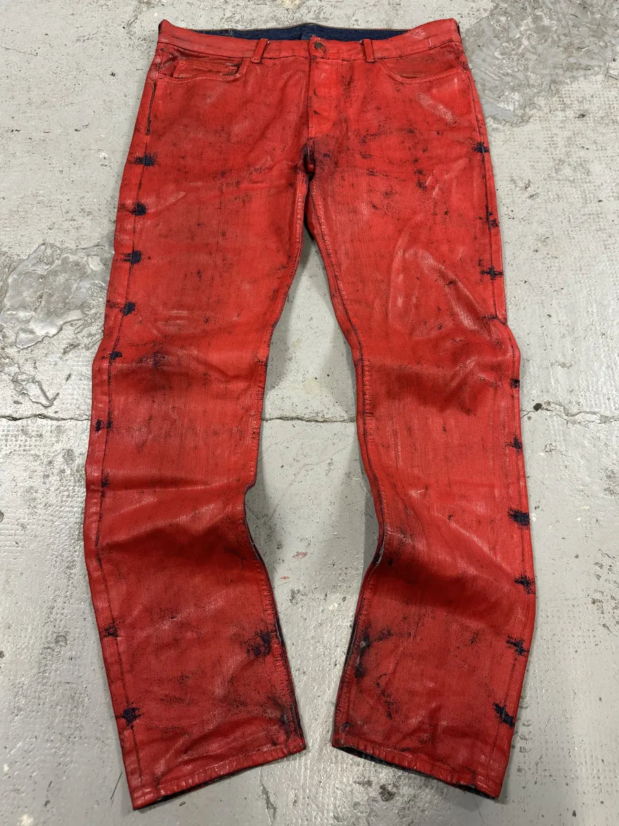 2012 Maison Margiela H&M Red Painted Slim Denim Jeans sozVNtE 0