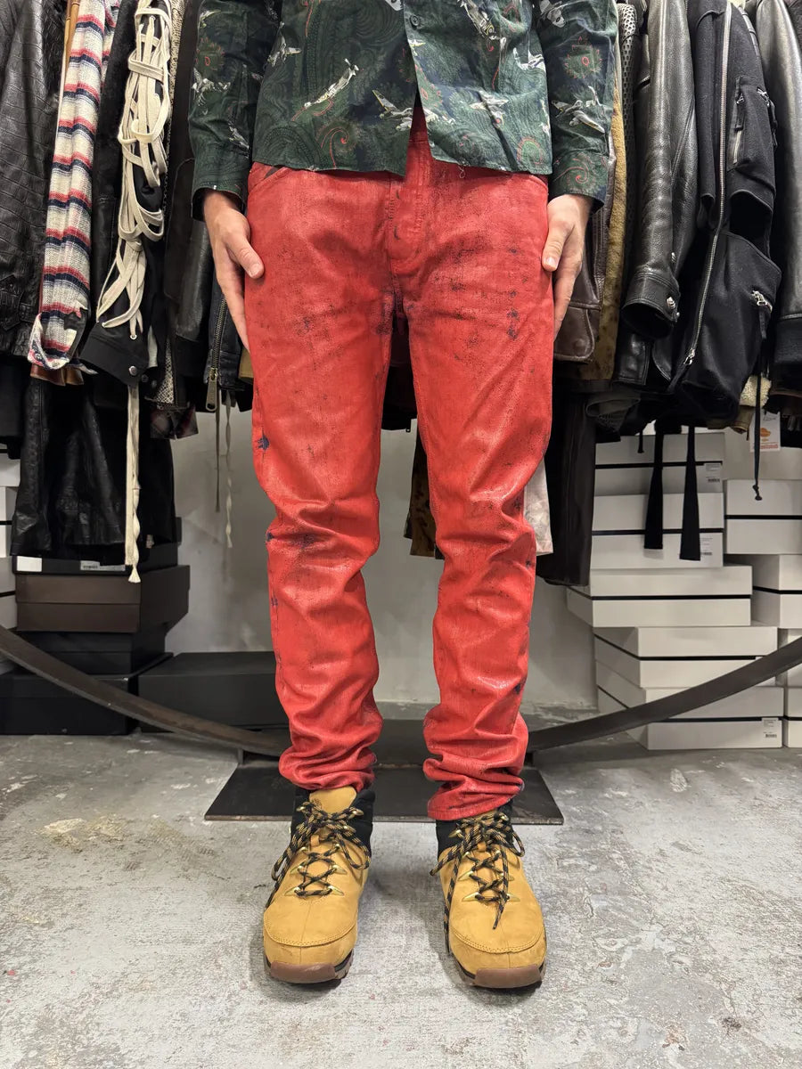 2012 Maison Margiela H&M Red Painted Slim Denim Jeans sozVNtE 2