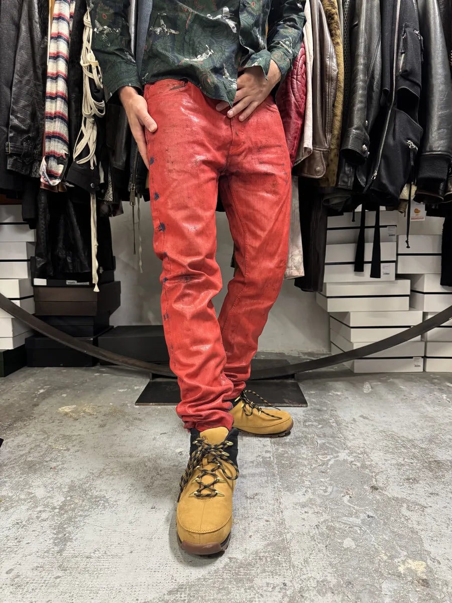 2012 Maison Margiela H&M Red Painted Slim Denim Jeans sozVNtE 3
