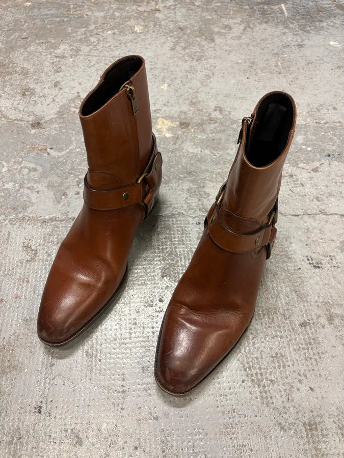 2014 Saint Laurent Wyatt Brown Leather Ankle Boots lThzhnd 2
