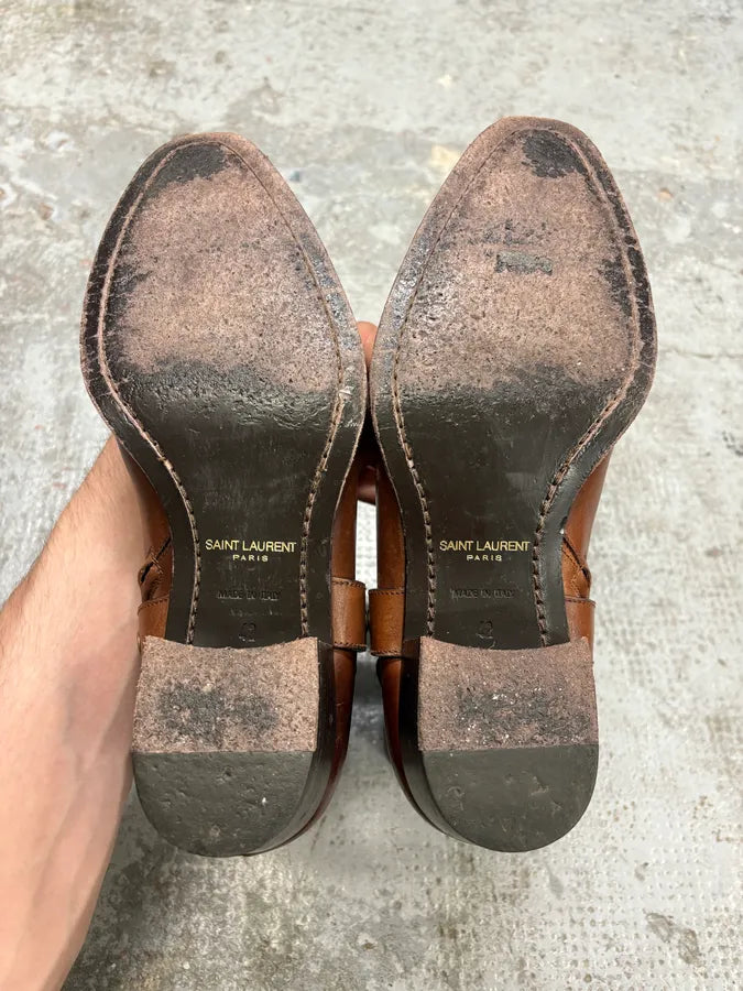 2014 Saint Laurent Wyatt Brown Leather Ankle Boots lThzhnd 9