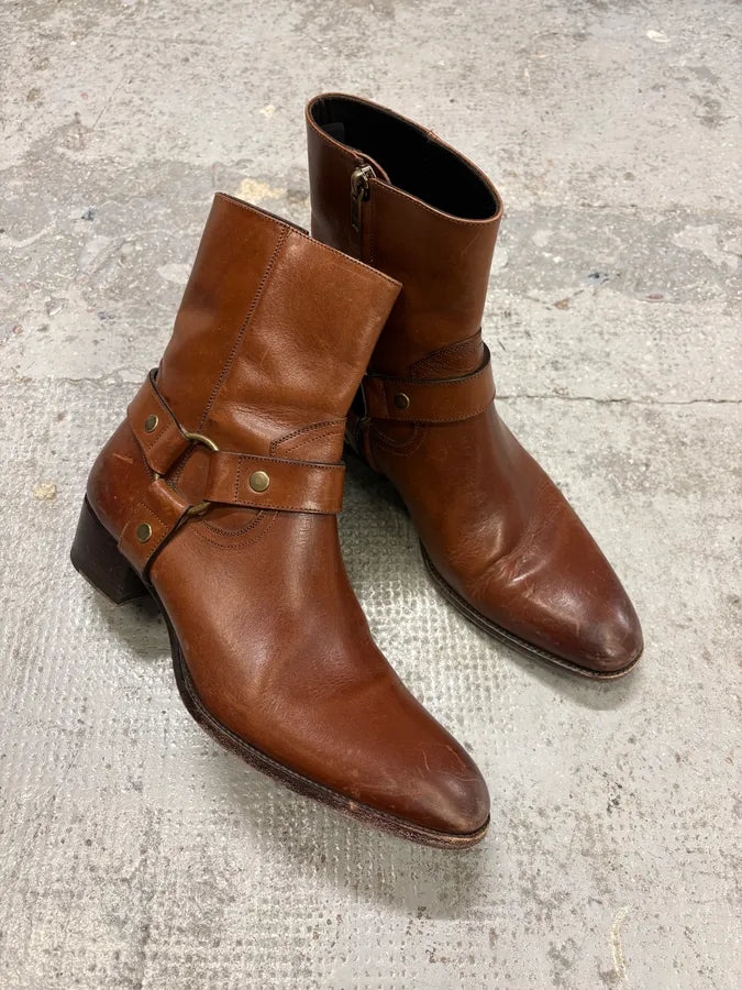 2014 Saint Laurent Wyatt Brown Leather Ankle Boots lThzhnd 4