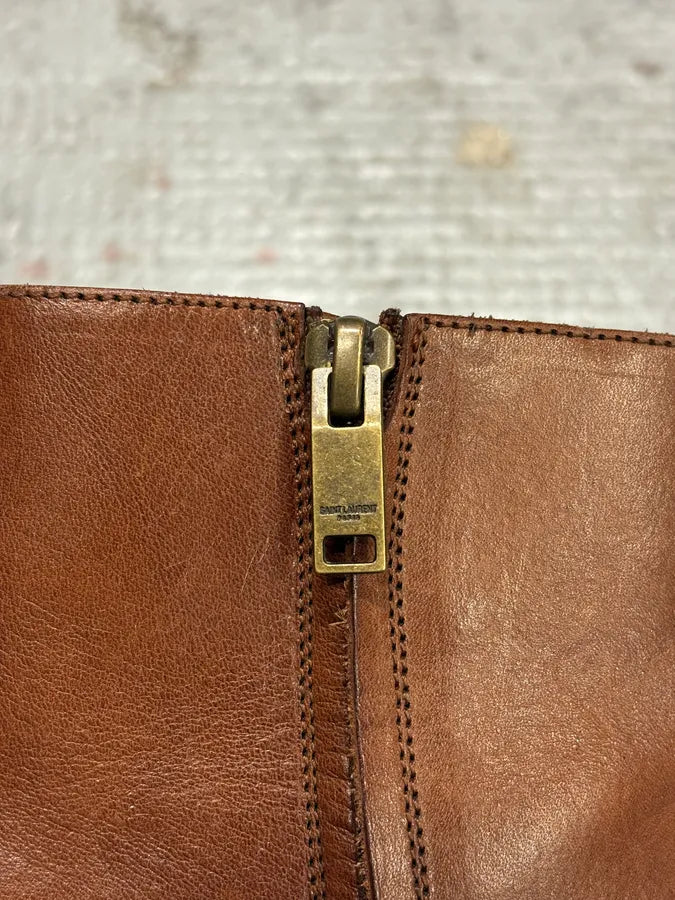 2014 Saint Laurent Wyatt Brown Leather Ankle Boots lThzhnd 7