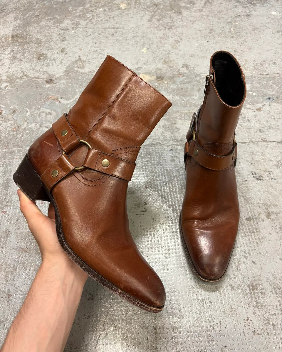 2014 Saint Laurent Wyatt Brown Leather Ankle Boots lThzhnd 0