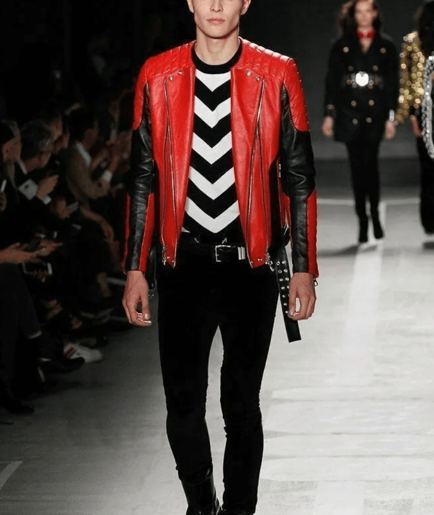 2015 Balmain & H&M Red Leather Quilted Moto Leather Jacket FiyyIPJ 3