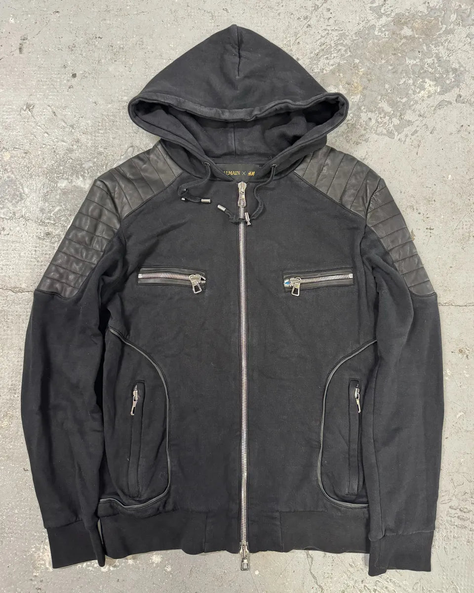 2015 Balmain H&M Black Hybrid Leather Padded Zip-Up Sweater (M) 0