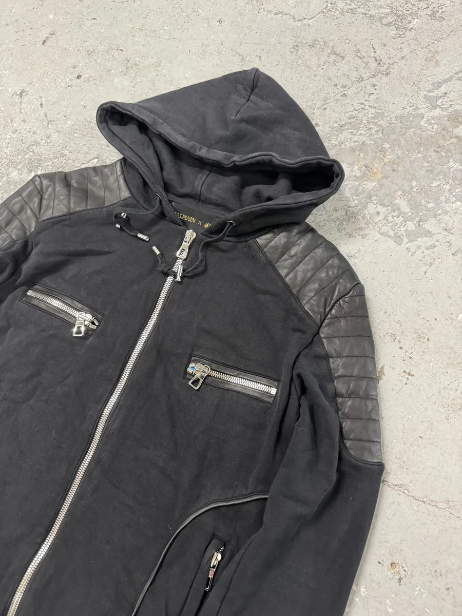 2015 Balmain H&M Black Hybrid Leather Padded Zip-Up Sweater (M) 2