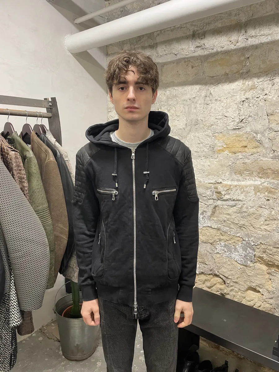2015 Balmain H&M Black Hybrid Leather Padded Zip-Up Sweater (M) 3