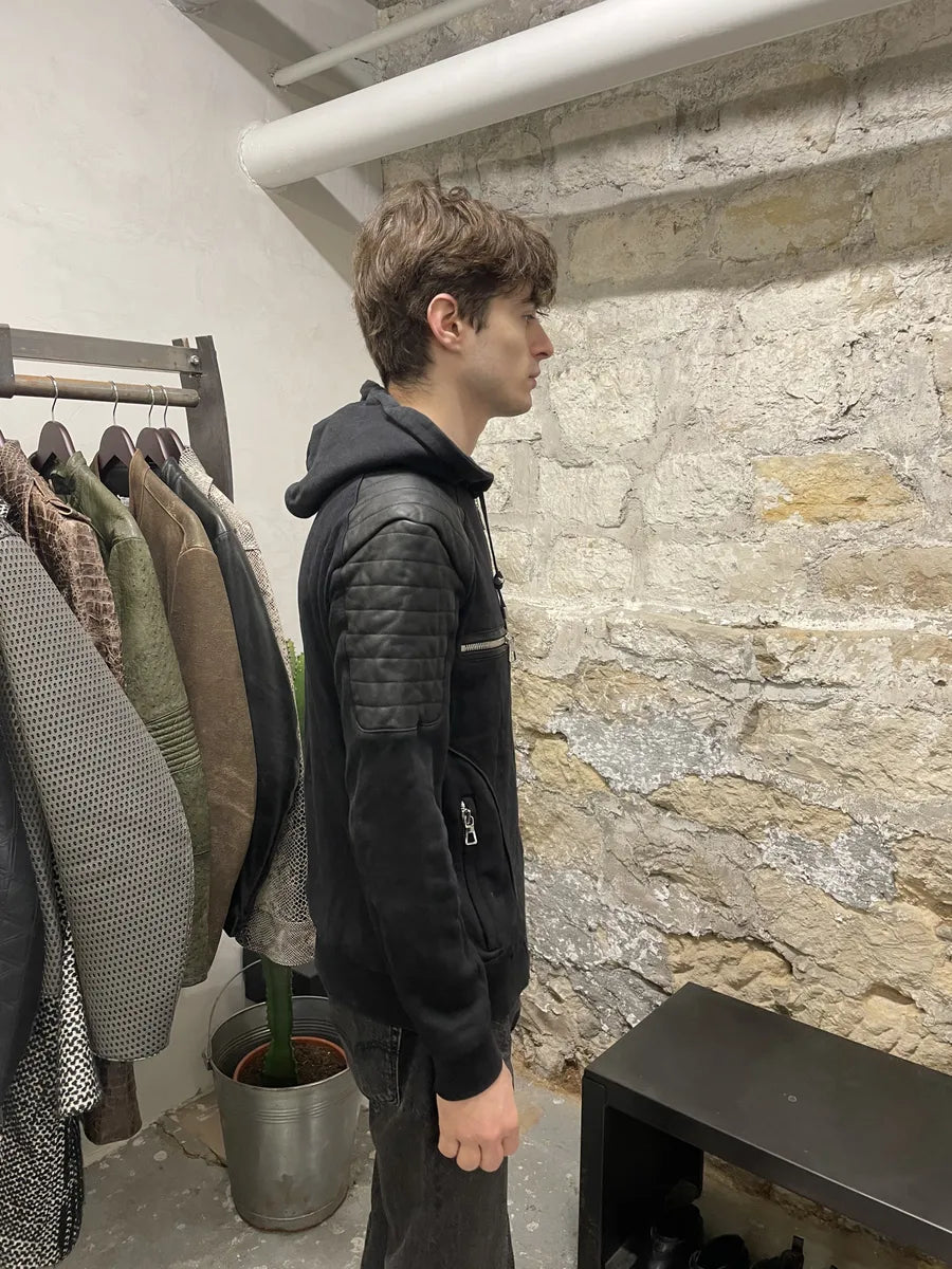 2015 Balmain H&M Black Hybrid Leather Padded Zip-Up Sweater (M) 5