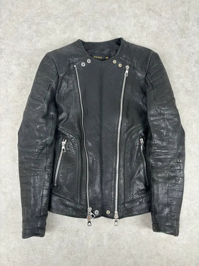 2015 Balmain H&M Black Leather Horpist Avant-Garde Rock Jacket rscNkzX 3