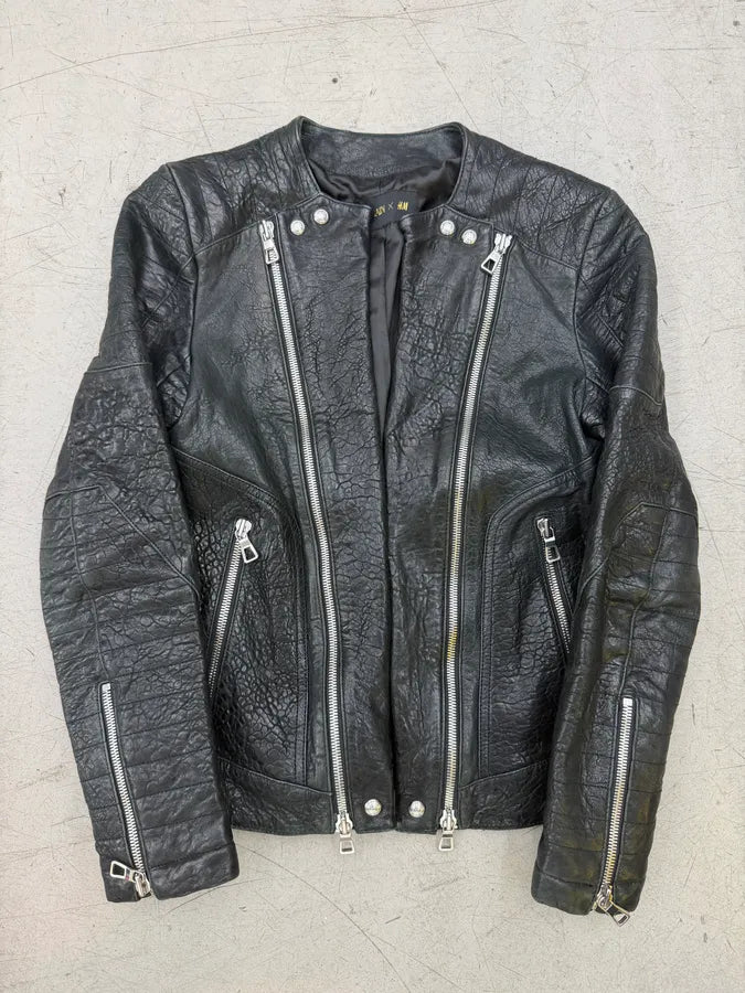 2015 Balmain H&M Black Leather Perfecto Biker Jacket hnuExfL 0