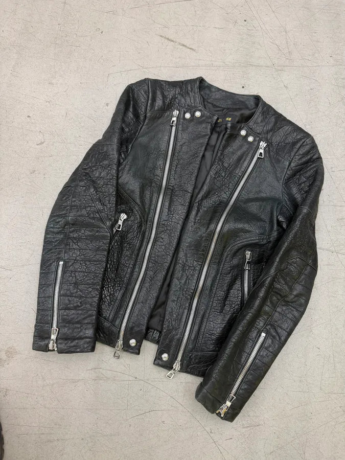 2015 Balmain H&M Black Leather Perfecto Biker Jacket hnuExfL 2