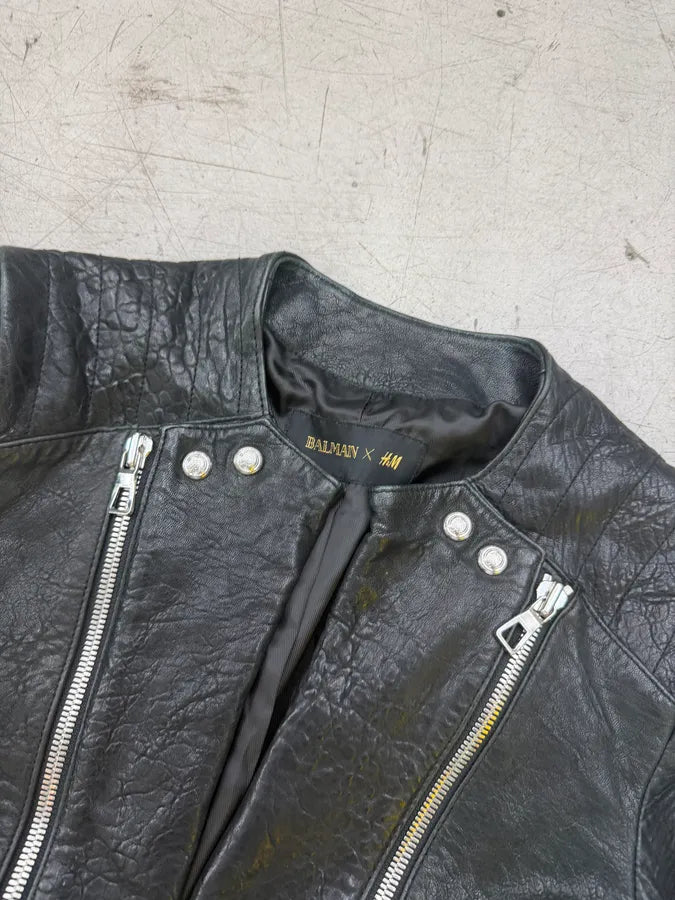 2015 Balmain H&M Black Leather Perfecto Biker Jacket hnuExfL 7