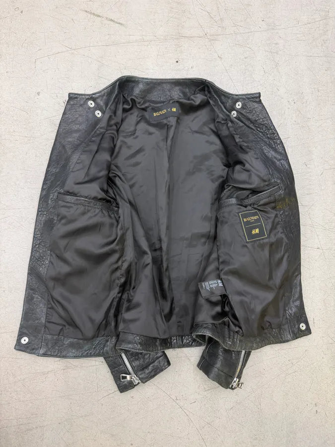 2015 Balmain H&M Black Leather Perfecto Biker Jacket hnuExfL 8