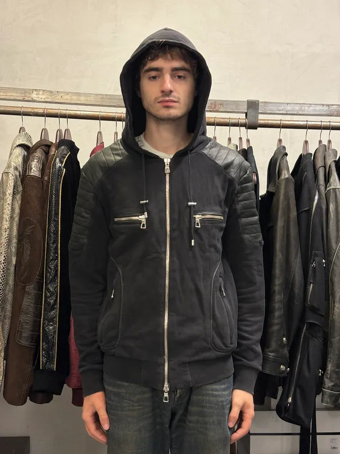 2015 Balmain H&M Black Padded Leather Hybrid Zip-up Sweatshirt GFmjdxU 1