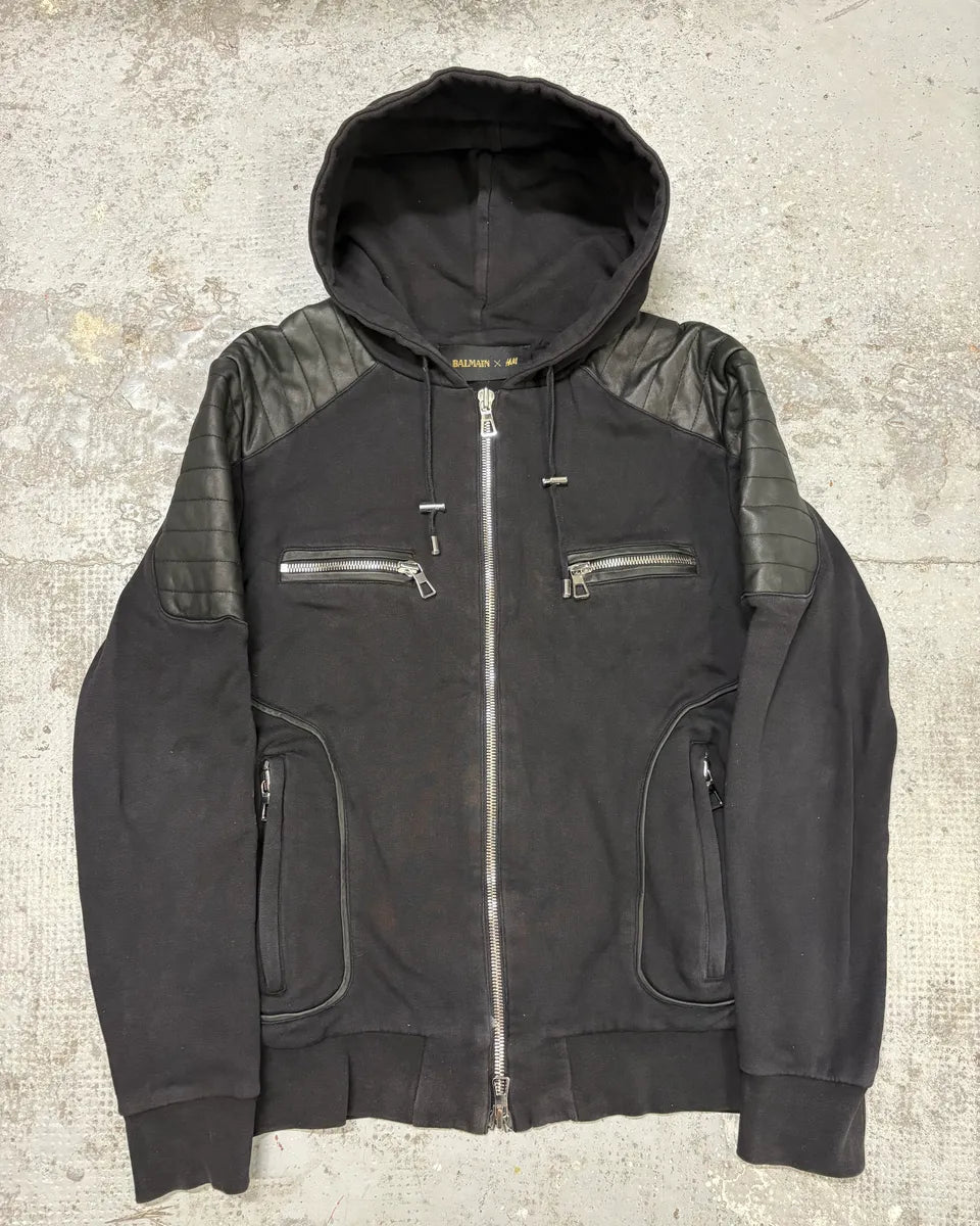 2015 Balmain H&M Black Padded Leather Hybrid Zip-up Sweatshirt GFmjdxU 0
