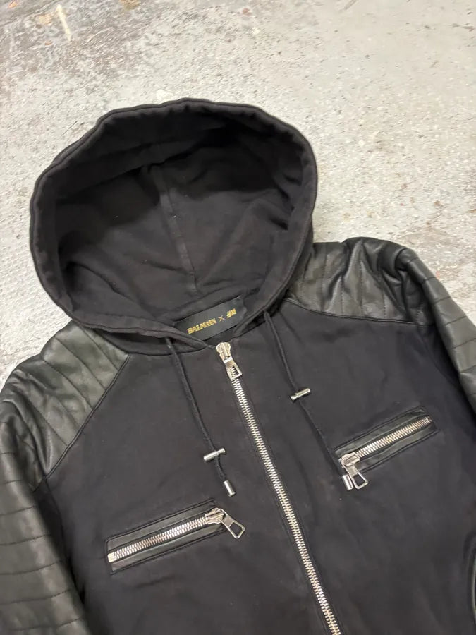 2015 Balmain H&M Black Padded Leather Hybrid Zip-up Sweatshirt GFmjdxU 4