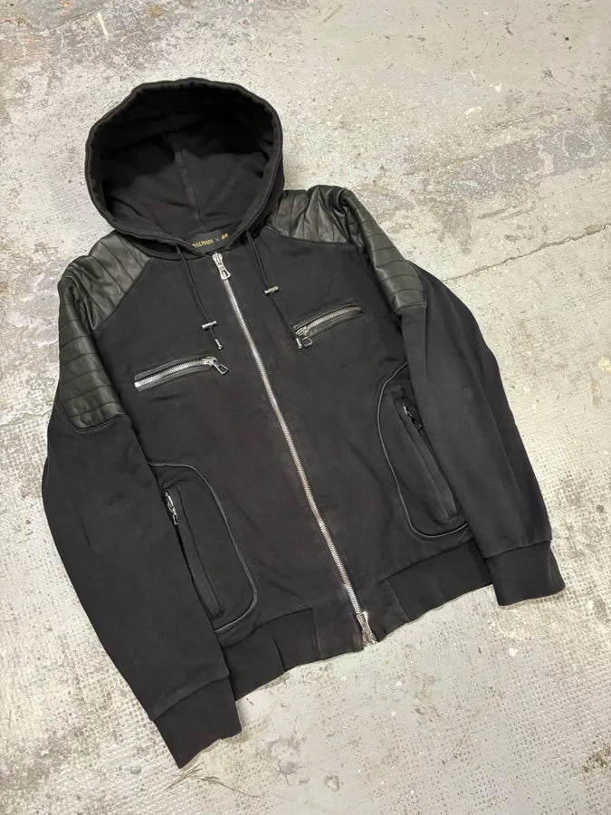 2015 Balmain H&M Black Padded Leather Hybrid Zip-up Sweatshirt GFmjdxU 3