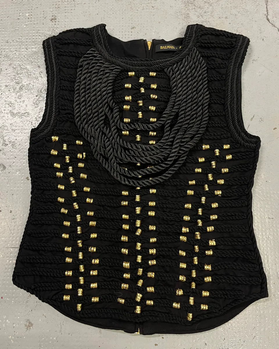 2015 Balmain H&M Gold-Beaded Black Tank Top jZzrQLl 0