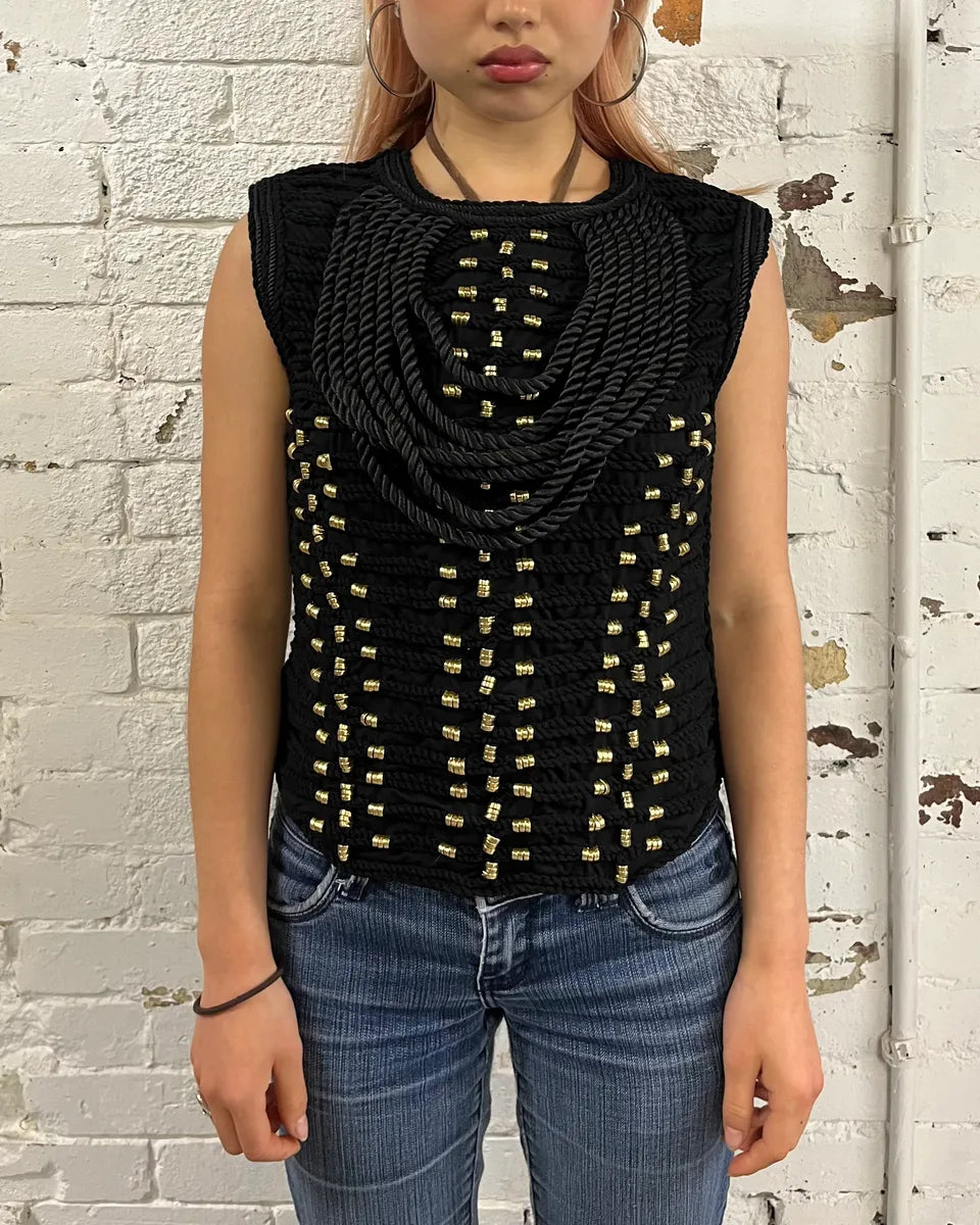 2015 Balmain H&M Gold-Beaded Black Tank Top jZzrQLl 2