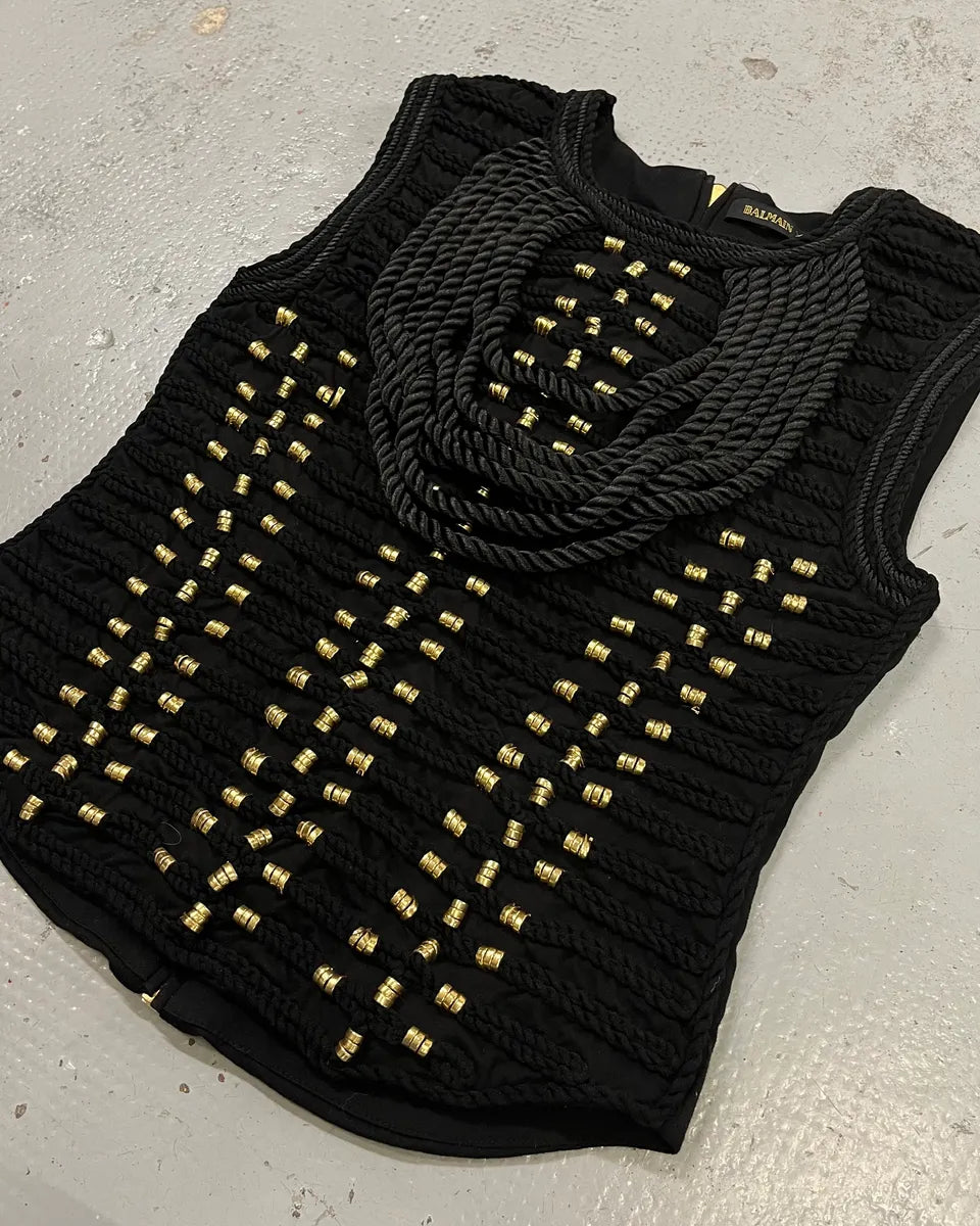 2015 Balmain H&M Gold-Beaded Black Tank Top jZzrQLl 4