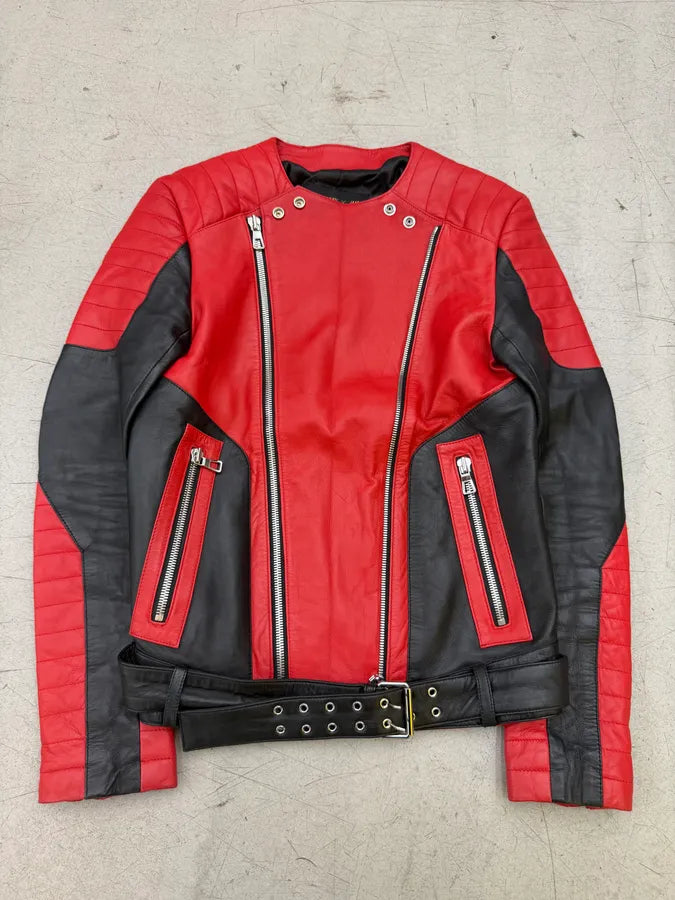 2015 Balmain H&M Red Leather Perfecto Biker Jacket NFHIecE 0