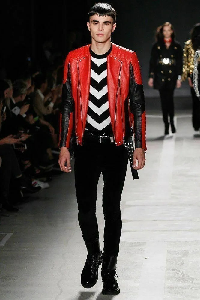 2015 Balmain H&M Red Leather Perfecto Biker Jacket NFHIecE 1