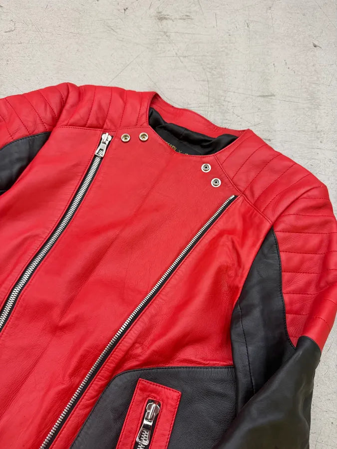 2015 Balmain H&M Red Leather Perfecto Biker Jacket NFHIecE 10