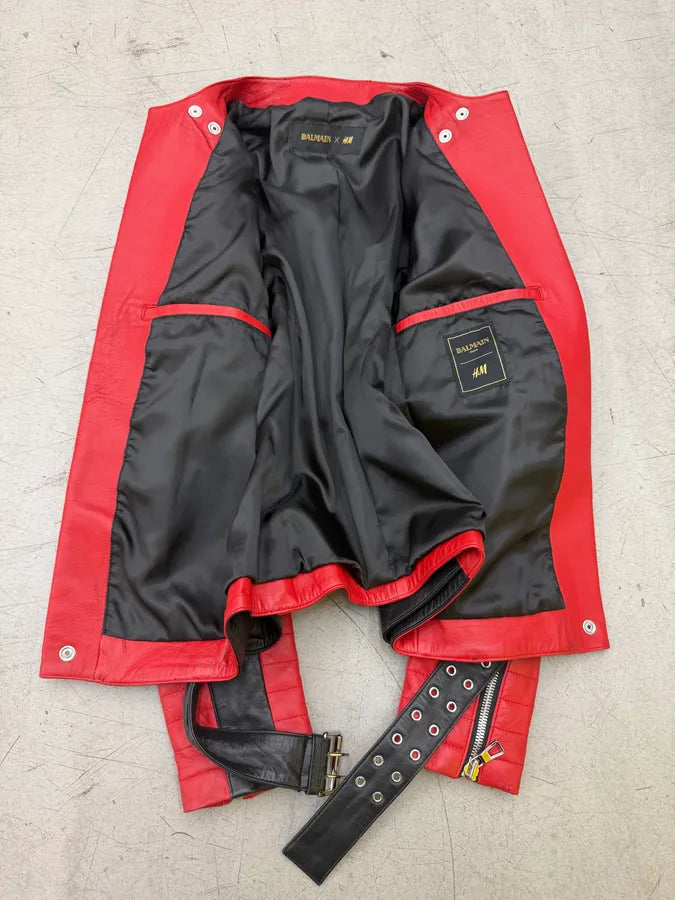2015 Balmain H&M Red Leather Perfecto Biker Jacket NFHIecE 11