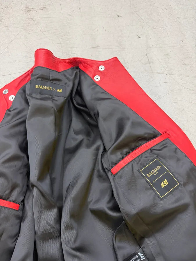 2015 Balmain H&M Red Leather Perfecto Biker Jacket NFHIecE 12