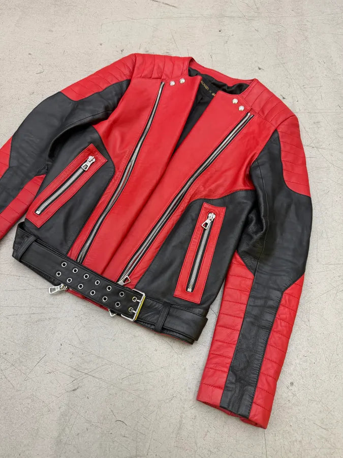 2015 Balmain H&M Red Leather Perfecto Biker Jacket NFHIecE 13
