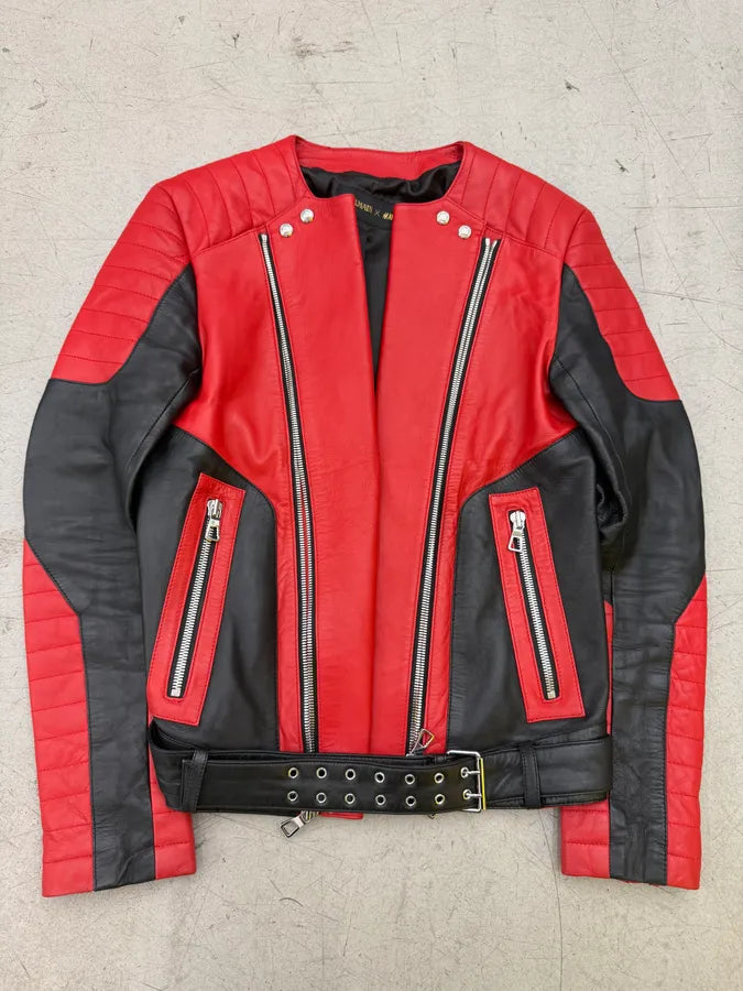 2015 Balmain H&M Red Leather Perfecto Biker Jacket NFHIecE 2