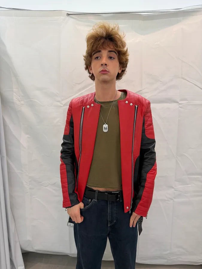 2015 Balmain H&M Red Leather Perfecto Biker Jacket NFHIecE 4