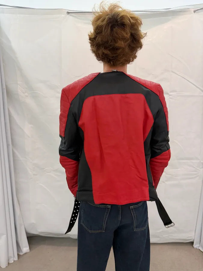 2015 Balmain H&M Red Leather Perfecto Biker Jacket NFHIecE 5