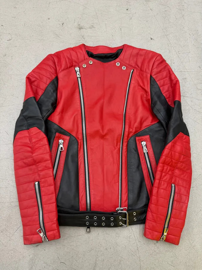2015 Balmain H&M Red Leather Perfecto Biker Jacket NFHIecE 7